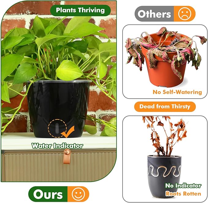 Planterhoma 5 Inch Self Watering Pots for Indoor Plants, 12 Packs African Violet Pots with Indicator, Black Wick Pot with Drainage Holes, Self Watering Planters for Orchid, Devil's Ivy, Black