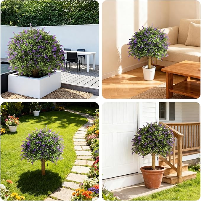 Set of 2 Artificial Lavender Topiary with Spike,Fake Plants Boxwood Balls Greenery Shrubs,UV Resistant Artificial Push in Flowers Bushes for Outdoor Front Porch Decor,Home Faux Plants Indoor