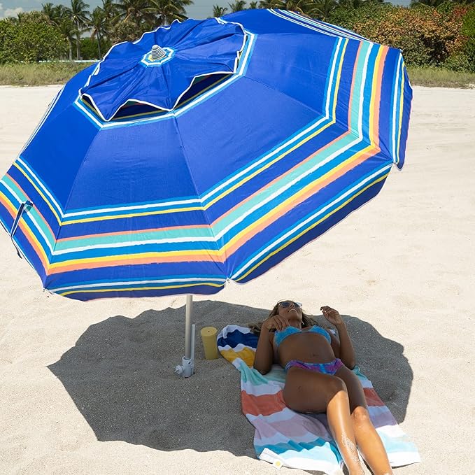 AMMSUN 7ft Heavy Duty High Wind Beach Umbrella Parasols with Sand Anchor Vent Tilt UV 50+ Sun Protection Portable Outdoor Sunshade Umbrellas Carry Bag for Patio Garden Pool Backyard Blue