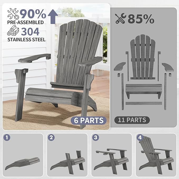 Psilvam Oversized Adirondack Chair, Fade-Resistant & Odor-Free Poly Lumber Fire Pit Chairs with Cup Holder, Weatherproof Outdoor Chair, Easy 15 Min Install Patio Chair, 350 Lbs Support (2, Gray)