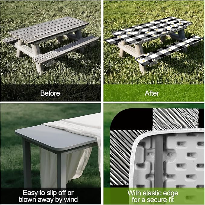 Vintage Gingham Picnic Table Cover with Bench Covers Set of 3 - Black White Check with Floral Accents, Elastic Fitted Tablecloth for 6 Ft Tables, Washable Polyester Cover for Patio, Indoor & Outdoor