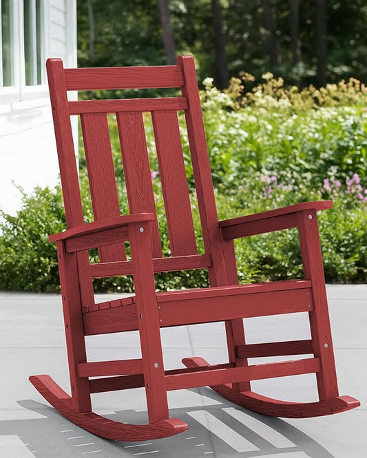 KINGYES Outdoor Rocking Chair, All-Weather Patio Rocking Chairs for Porch, HDPE Rocking Outdoor Chairs with High Back for Adult, Heavy Duty Outdoor Patio Rockers for Garden, Lawn, Red