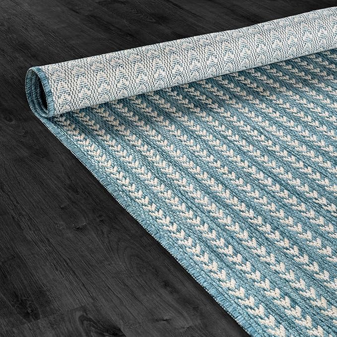 Washable Outdoor Rug 8x10 Modern Area Rugs Outdoor Carpets Striped Pattern Non Shedding Waterproof Easy Clean Patio Deck Porch Living Room Bedroom Garden RV (8 X 10 Aqua)