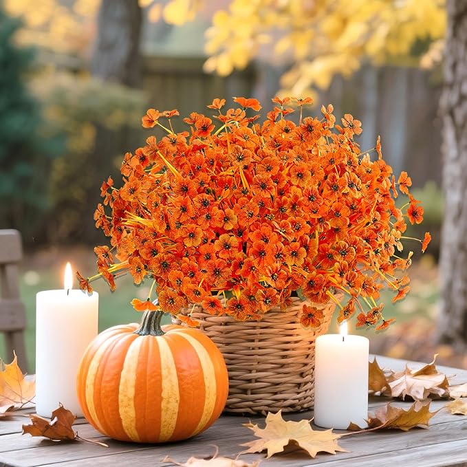 Artificial Mums Fall Fake Flowers for Outdoors, 12 Bundles Faux Mums for Outdoor Planters Autumn Decorations,UV Resistant Silk Flowers for Front Porch Garden Patio Home Decor(Sunset Orange-red)