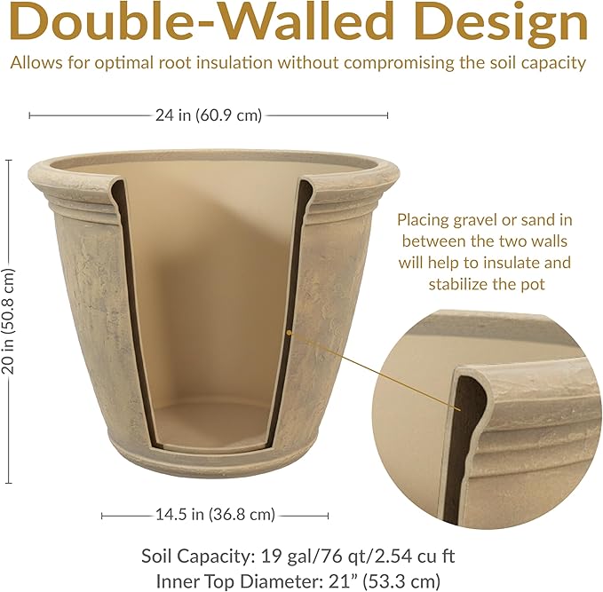 Sunnydaze 24-Inch Anjelica Large Plastic Pot for Plants - Outdoor Double-Walled Large Plastic Planter with Drillable Drainage Holes - Beige - 4pk