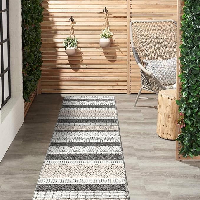 Rugshop Gray Marbella Boho Indoor/Outdoor Runner Rug, Machine Washable for Hallway, Entryway and Kitchen 2'7" x 12'
