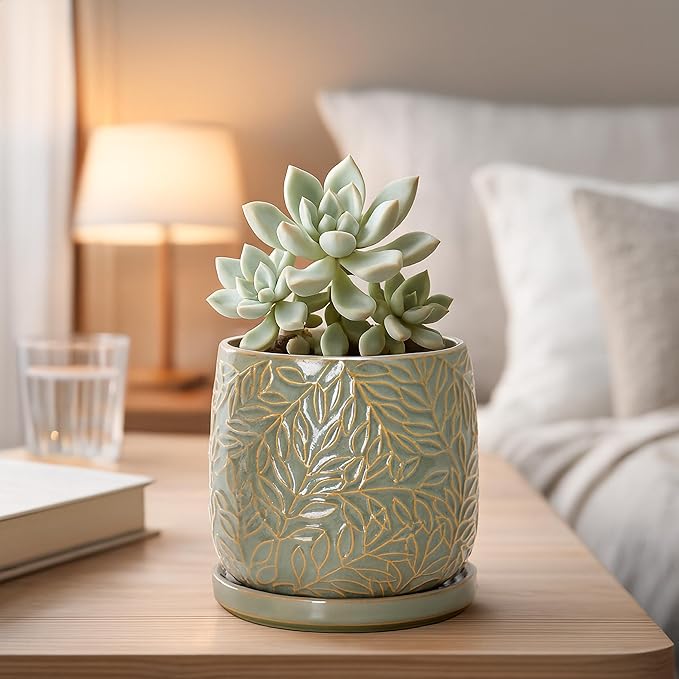 D'vine Dev 5 Inch Embossed Leaves Stoneware Planter Pot with Drainage Hole and Saucer, Olive, 27-A-V-0