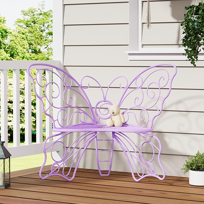 36 Inch Outdoor Bench, Cute Garden Bench with Metal Frame, Weatherproof Butterfly Front Porch Benches for Lawn, Garden, Yard, Balcony, Purple