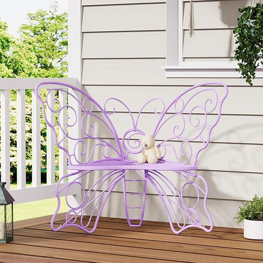 36 Inch Outdoor Bench, Cute Garden Bench with Metal Frame, Weatherproof Butterfly Front Porch Benches for Lawn, Garden, Yard, Balcony, Purple