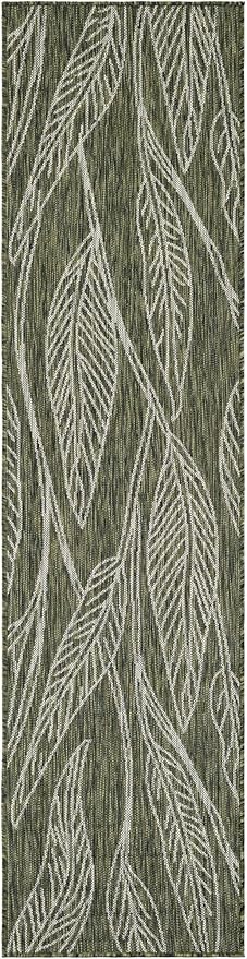 Unique Loom Outdoor Botanical Collection Area Rug - Leaf (2' x 8' Runner Green/Ivory)