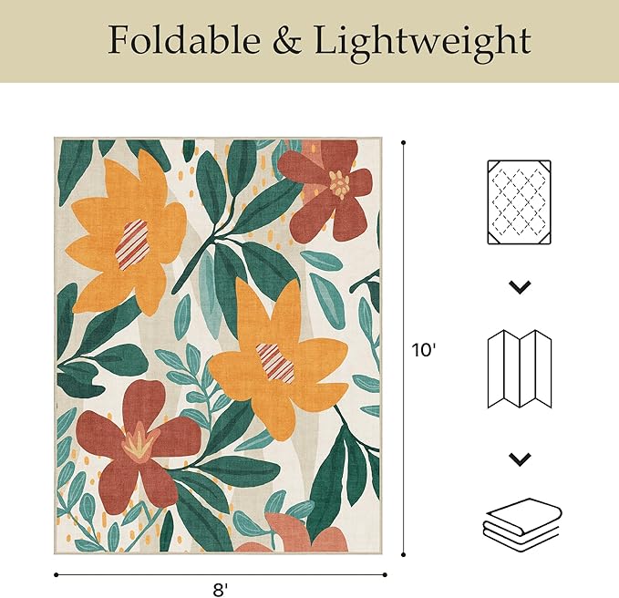 GENIMO Indoor Outdoor Area Rug 8'x10', Machine Washable Rugs for Patio, Waterproof, Non-Slip Easy Cleaning Floral Outdoor Mat Carpet for Living Room, Bedroom, RV, Balcony, Deck, Camping,Sage Orange