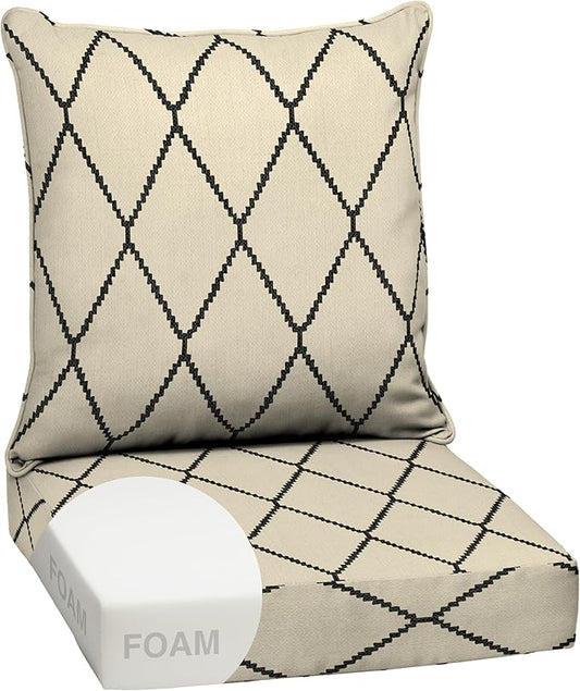 Arden Outdoor Foam Deep Seat Cushion Set, 24 in x 24 in, Weather-Proof, Rain-Proof, Fade Resistant Patio Cushion, Bottom and Back Cushion for Chair, Sofa, and Couch Tan Diamond Trellis