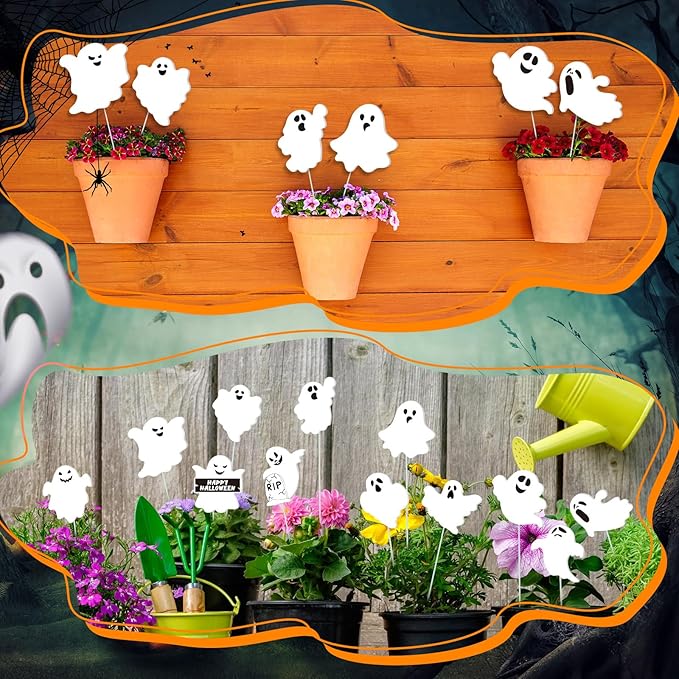 12 Pcs Halloween Ghost Garden Stakes Spooky Planter Stakes Double Sided Yard Signs Waterproof Cute Outdoor Decorations for Home Potted Planter Lawn Garden Yard Party Favor(Halloween Ghost)