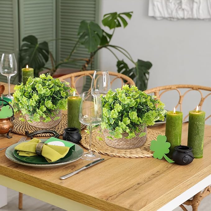2 Set St. Patrick's Day Artificial Clover Plants with Woven Basket, Faux Shamrock Hanging Plants for Irish Theme Home Decor, St. Patrick's Displays