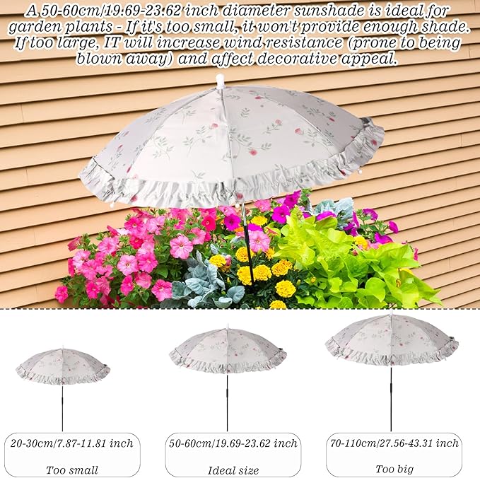 2pcs Mini Adjustable Floral Plant Umbrellas, Lace Garden Sun Shade with Metal Poles & H-Shaped Stakes Outdoor Parasols for Potted Plants Flowers Fruits Vegetables