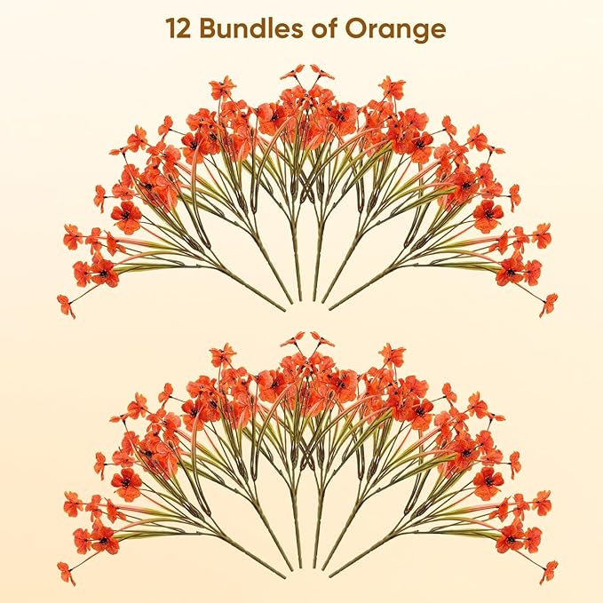 Artificial Mums Fall Fake Flowers for Outdoors, 12 Bundles Faux Mums for Outdoor Planters Autumn Decorations,UV Resistant Silk Flowers for Front Porch Garden Patio Home Decor(Fall-Orange)