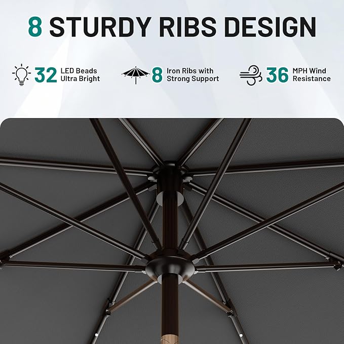 AreShark 9FT Patio Umbrella with Solar Lights, 32 LED Lighted Pool Umbrella w/Tilt and Crank, Outdoor Market Solar Umbrellas for Garden, Deck, Backyard, Pool and Beach, Gray