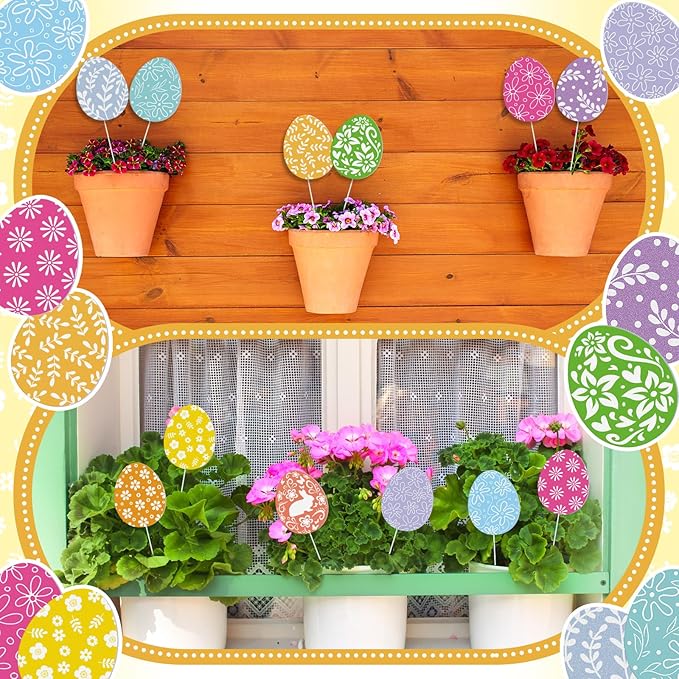 12 Pcs Colorful Easter Eggs Yard Signs with Stakes, Double Sided Easter Yard Stakes for Planter, Waterproof Cute Outdoor Decorations for Garden Lawn Patio Church Party Favor