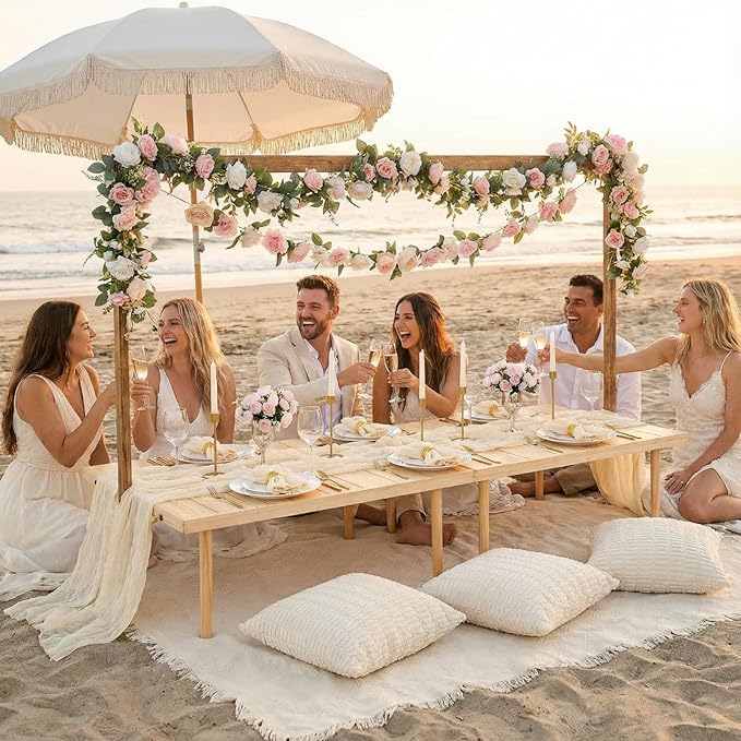 91 x 71 Extra Large Outdoor Boho Picnic Blanket with White Table Runner, 6 Throw Pillow Covers 6 Napkins Woven Cotton Yarn Oversize Beach Blanket Washable Picnic Camp Wedding
