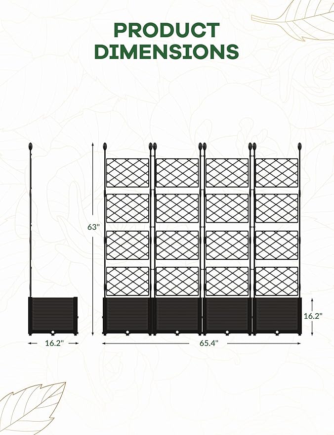 4 PCS Raised Garden Bed with Trellis & Privacy Screen, 66" w x 63" Tall Vertical Garden Planter Box for Climbing Plants - Sturdy Lightweight Outdoor Planter for Vegetables, Flowers on Patio, Balcony