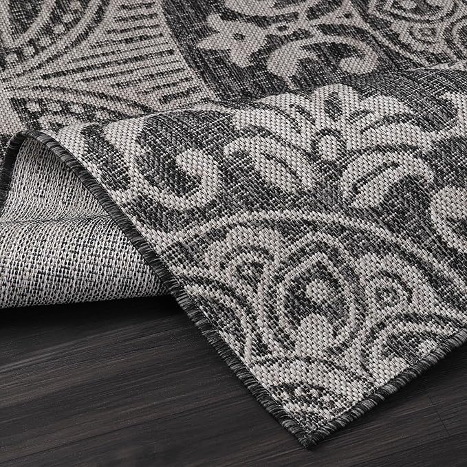 Medallion Outdoor Rug 8x10 Washable Outside Carpet for Indoor Patio Porch Waterproof Easy Cleaning Non Shedding Area Rugs Dark Gray 8 x 10