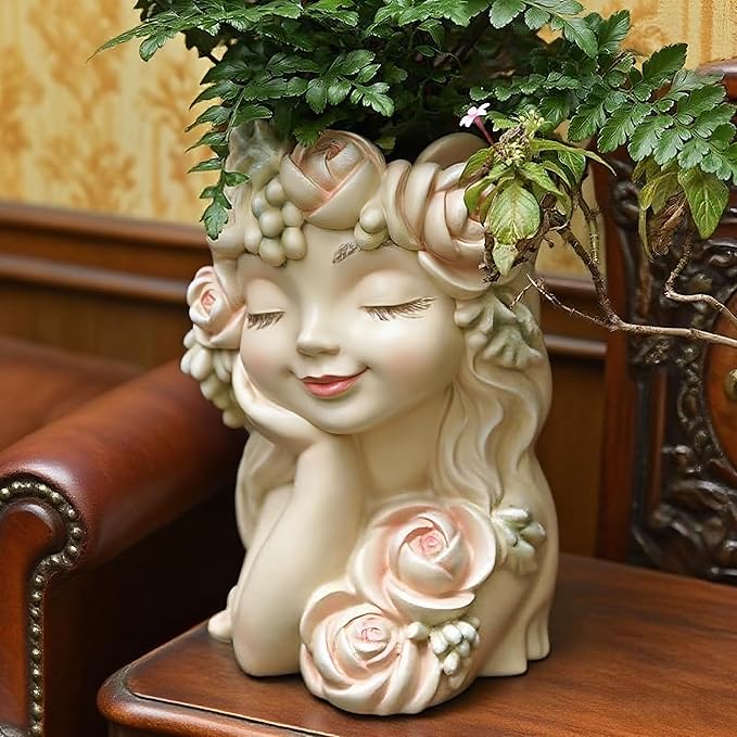 Teaeeno Decorative Garden Fairy Head Planter, Resin Flower Pot Sculpture, Pearl White with Rose Details