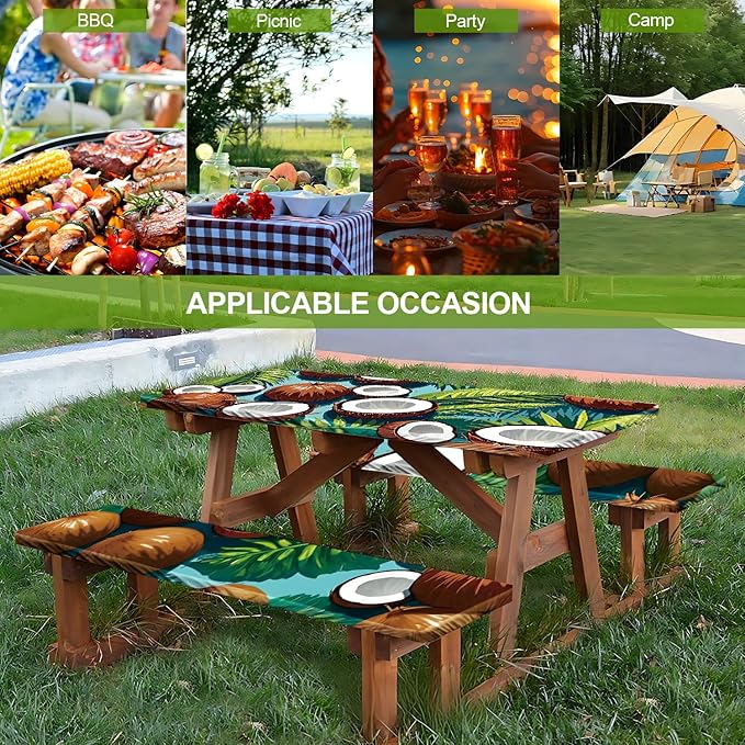 Tropical Paradise Picnic Table Cover with Bench Covers Set of 3 - Coconut & Palm Leaves Print, Elastic Fitted Tablecloth for 6 Ft Tables, Washable Polyester Cover for Patio, Indoor & Outdoor