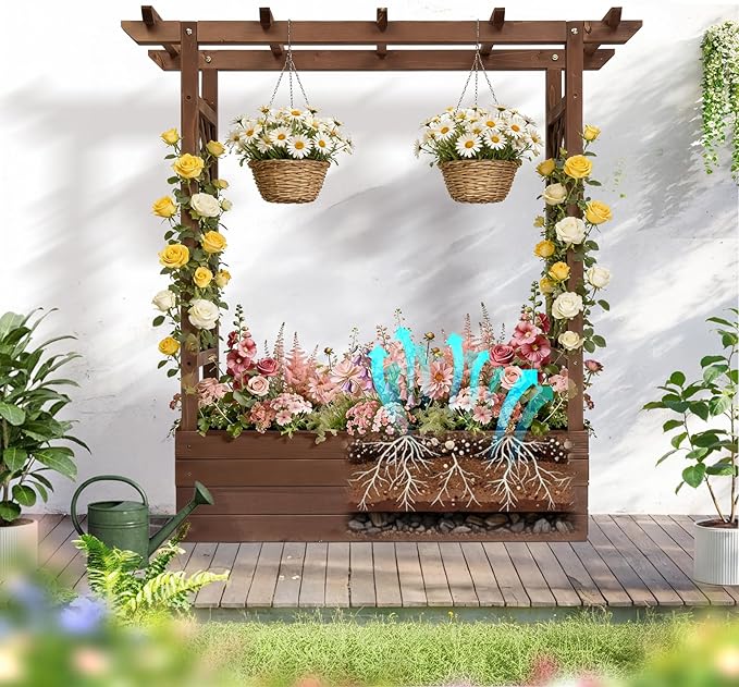 Outvita Raised Garden Bed with Trellis, Wood Planter Box with Hanging Roof, Side Trellis and Drainage Holes, Above Ground Elevated Garden Bed for Outdoor Climbing Plants Vegetables(Carbonized Color)