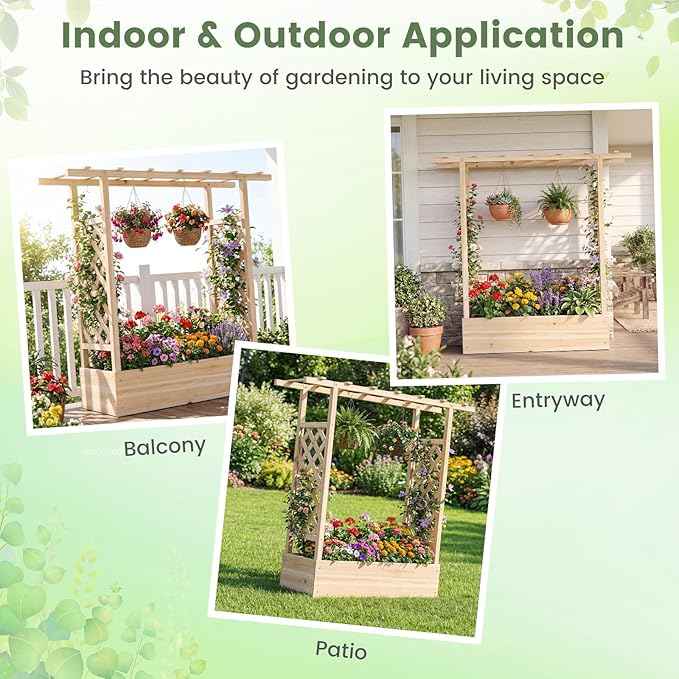 Raised Garden Bed with Trellis, Wood Planter Box w/Trellis, Hanging Roof, Drainage Holes, Freestanding Planter Raised Bed for Outdoor Climbing Plants Flowers, Patio Yard Balcony (1, Natural)