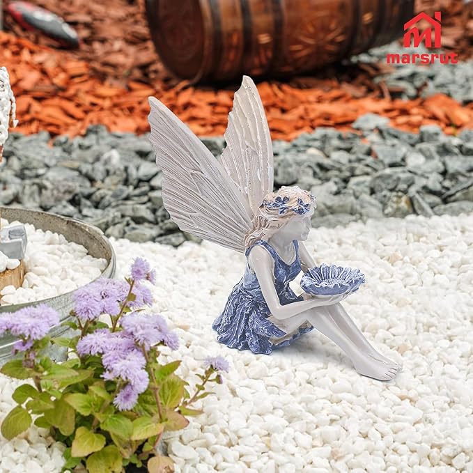 Marsrut Polyresin Sunflower Fairy Garden Statue - Sitting Angel Figurines with Bird Feeder | Decoration for Large Lawn, Bath, and Yard Outdoor Clearance (Size: 5.7 x 5.3 x 2.8)