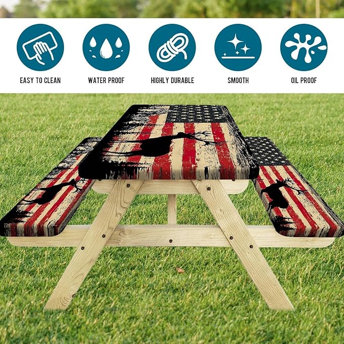 Picnic Table Cover with Bench Covers Elastic Edges, Rustic Farmhouse American Flag Camper Fitted Table Cover, Outdoor Camping Essentials, Waterproof Camping Tablecloth with Drawstring Bag, 96In 3PCS