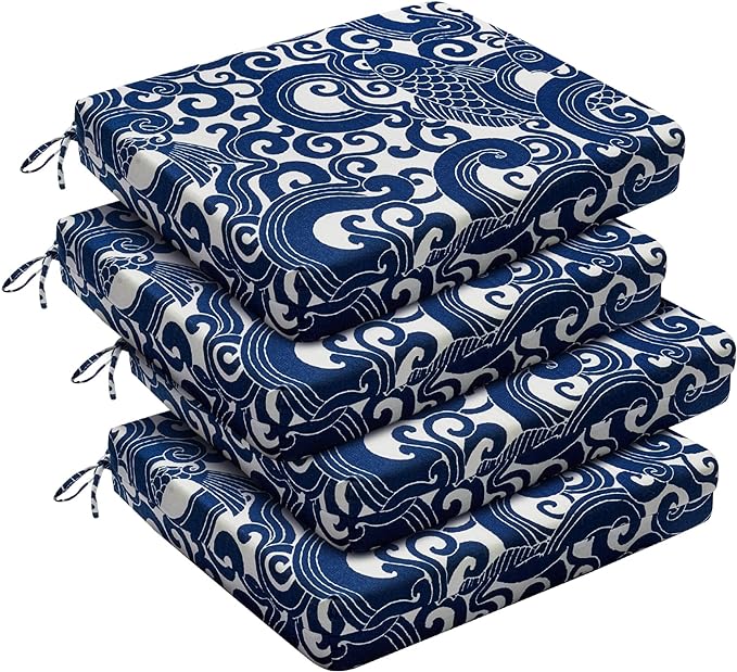 downluxe Outdoor Chair Cushions Set of 4 for Patio Furniture, Water-Resistant Square Corner Patio Chair Cushions with Ties, High Density Foam Outdoor Seat Cushion, 18.5" X 16" X 3", Blue Carp