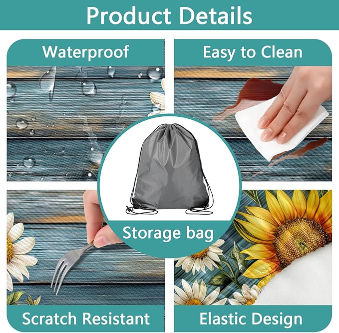 Picnic Table Cover with Bench Covers Camping Essentials Waterproof Windproof Camping Tablecloth with Drawstring Bag, Fitted Rectangle Tables and Seats, 60in, Teal Wooden Sunflower