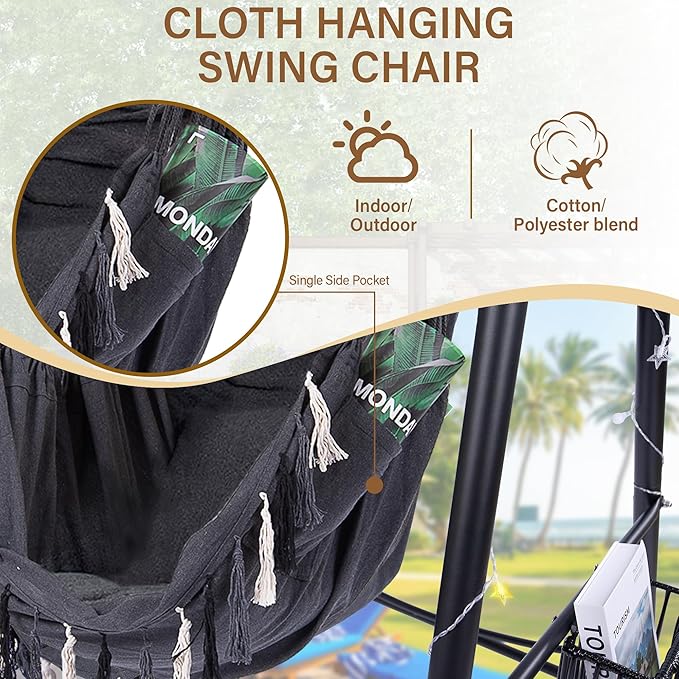 Hammock Chair Hanging Rope Swing & Stand Set with Two Holders, Heavy Duty Hanging Stand with Three Hooks, Multi-Use for Indoor Outdoor Patio Yard Garden(Black & Black)