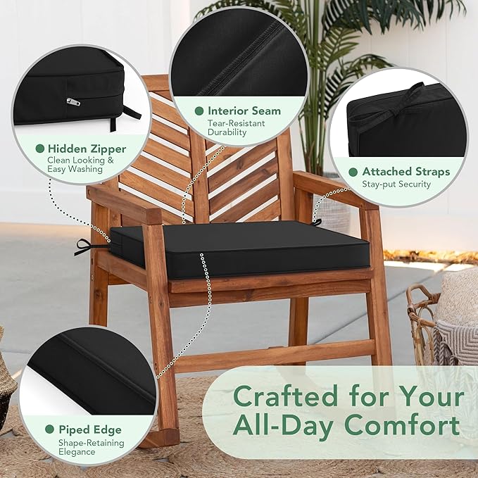 Outdoor Chair Cushions Set of 6: Waterproof & Fade Resistant Seat Cushion for Patio Furniture - 19 x 19 x 2 Inch Chair Pads with Ties and Hidden Zipper - Patio Chair Cushion Replacement, Black