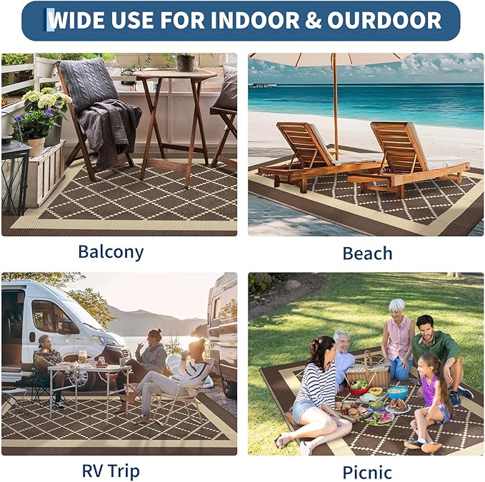 COZYLOOM Outdoor Plastic Straw Rug 8x10 Outdoor Rug Waterproof Reversible Large Modern Patio Rugs Portable Area Rug with Portable Bag & 4 Stakes for Deck, Balcony, Camping, Beach RV Porch, Picnic,