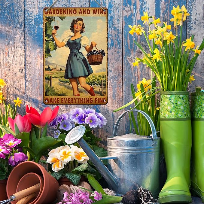PEACHGARDEN Garden Vintage Tin Sign Gardening and Wine Make Everything Fine Metal Tin Sign for Bar Pub Cafe Wall Kitchen Bathroom Outdoor Indoor Wall Decor 8x12inch