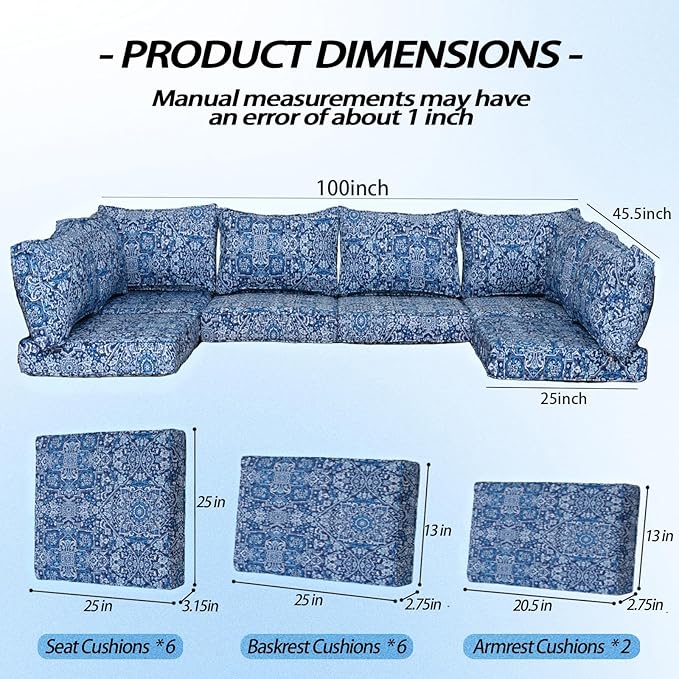 Patio Furniture Cushions,14Pieces Water-Resistant Outdoor Replacement Cushions,Sectional Sofa Cushions for Fits 6-Seats Rattan Wicker Patio Conversation Sets