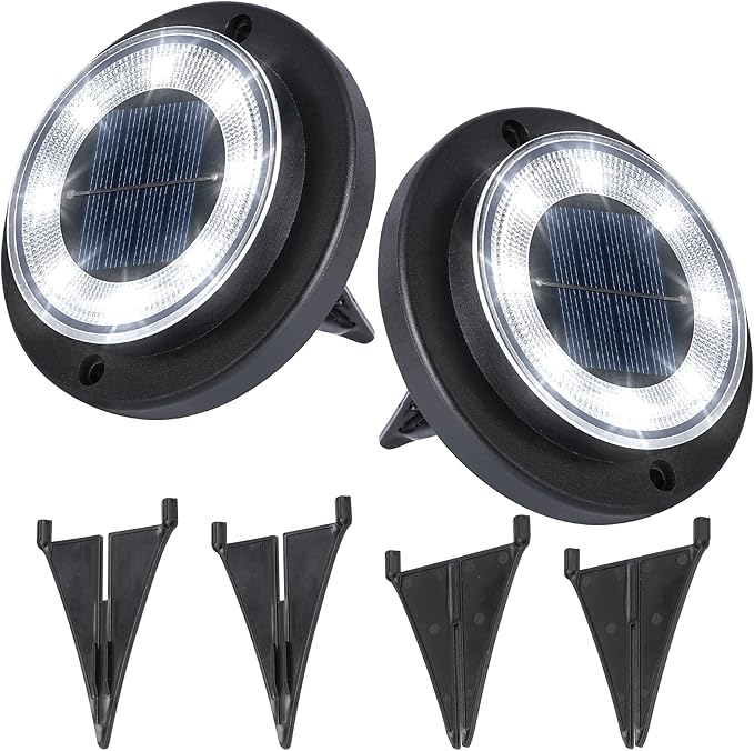 Flacchi Solar Ground Lights - Solar Powered Lights Outdoor Solar Disk Light Waterproof Landscape Light for Patio Yard Pathway Walkway Driveway (Cool White, 2 Pack)