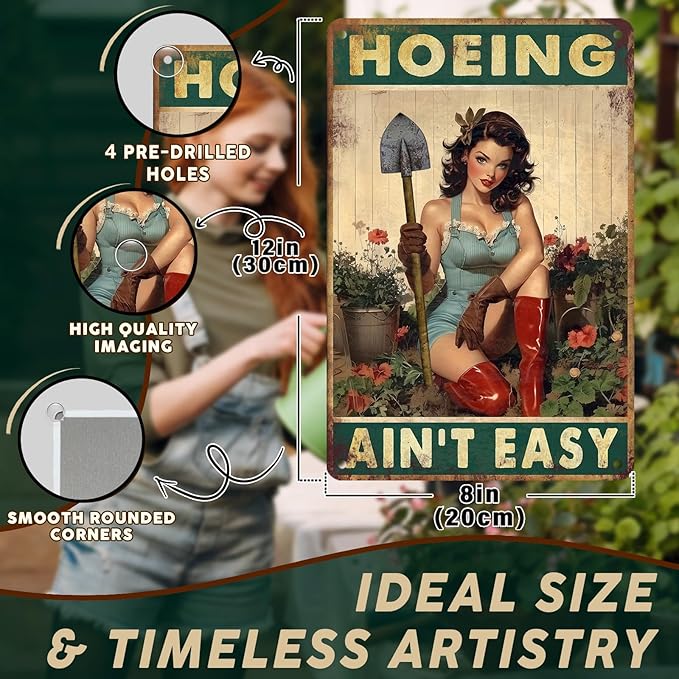 PEACHGARDEN Funny Garden Metal Sign - "Hoeing Ain't Easy" Vintage Pin-Up Wall Decor - Aluminum Yard Art for Patio, Backyard & Greenhouse - 8x12 Inch