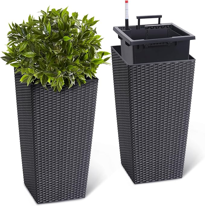 22.5 Inch Tall Planter Set of 2 Large Rattan Flower Pot with 2 Trays & a Water Level Monitor & Wheels Outdoor and Indoor for Patio, Porch, Living Room, or Home Office, Black
