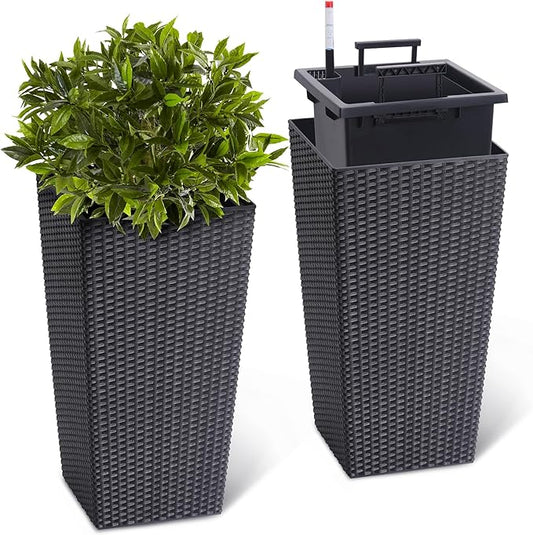 22.5 Inch Tall Planter Set of 2 Large Rattan Flower Pot with 2 Trays & a Water Level Monitor & Wheels Outdoor and Indoor for Patio, Porch, Living Room, or Home Office, Black