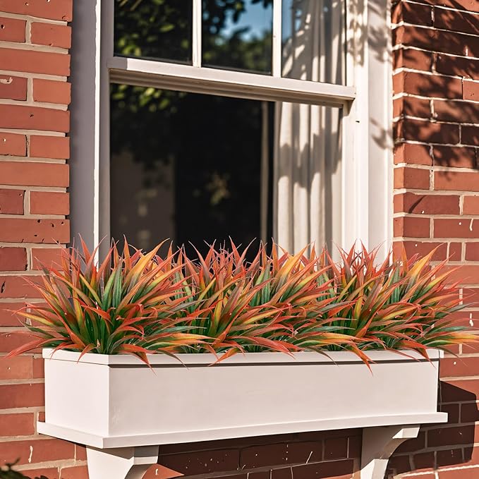 Ouddy Decor 20 Pcs Fake Outdoor Plants Artificial Grass Greenery Stems Faux Plastic Plants UV Resistant for Spring Summer Indoor Outside Garden Planter Pathway Porch Patio Window Home Decor, Orange
