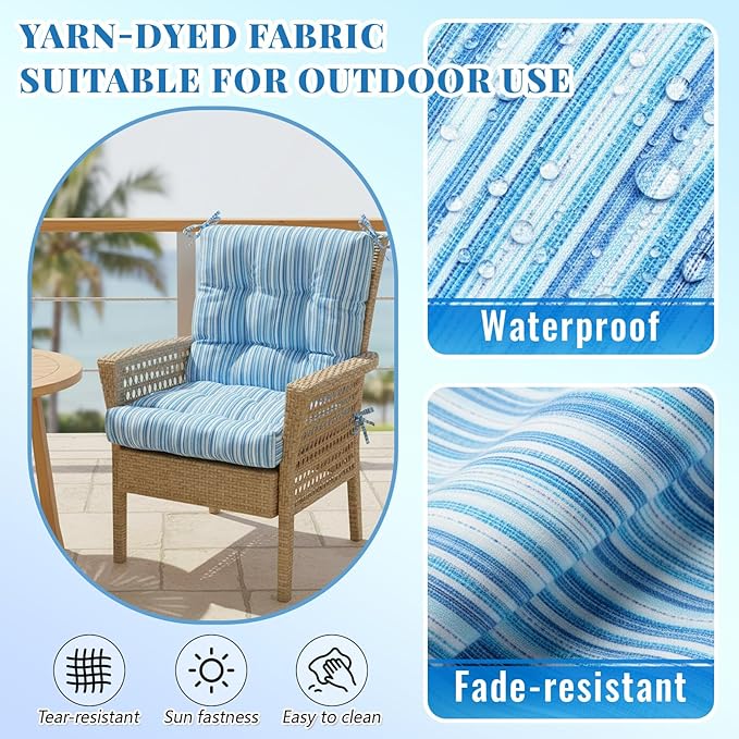 Marsui 4 Pcs Outdoor Indoor High Back Chair Cushions Patio Furniture Tufted Pillow with Ties All Weather Replacement Outdoor Rocking Chair Cushions, 42 x 21 Inches (Blue Stripes)