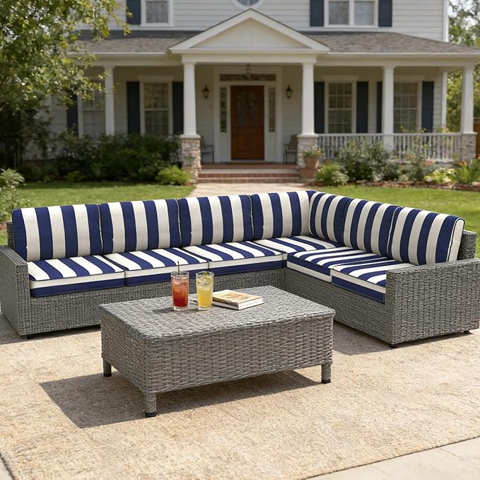 14 Pcs Outdoor Replacement Cushions for Patio Furniture, All Weather Water Resistant Cushion for 6 Seat Rattan Wicker Sectional Patio Conversation Sets and Couch (Blue Stripe)