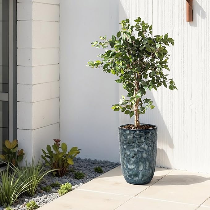 LuxenHome 17-Inch Tall Round Ceramic Planter, Large Indoor Outdoor Plant Pots with Drainage Hole and Rubber Plug, Modern Green-Blue Glazed