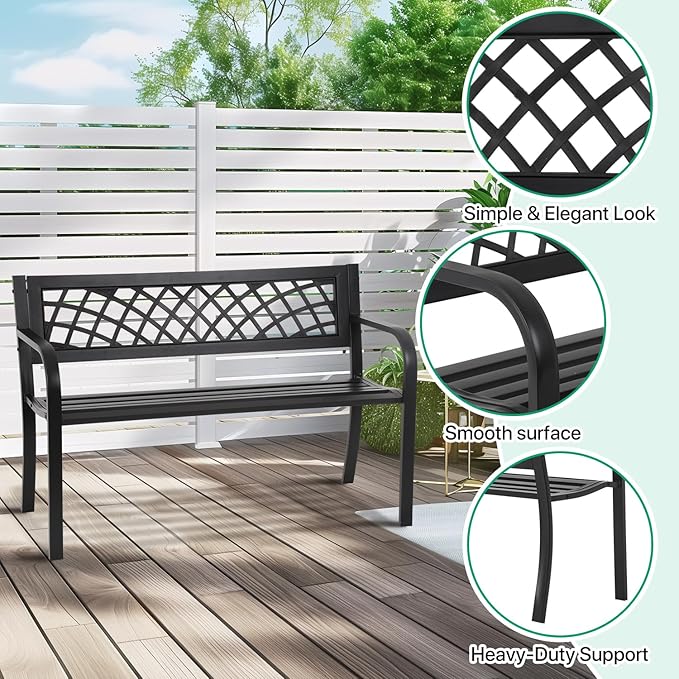 Dkeli Patio Outdoor Bench Park Metal Sturdy Cast Iron Garden Benches Porch Chair Seat Furniture with Armrests 480BLS Bearing Capacity for Park Yard Deck Entryway, Black