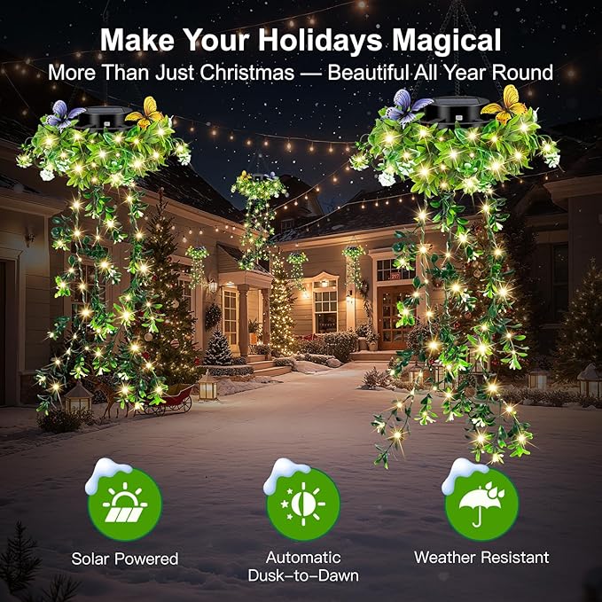 Solar Hanging Garden Lights, 4 Pack 66 LEDs Realistic Flower Vine Fairy String Lights, IP65 Waterproof Outdoor for Garden, Patio, Fence Decor, 8-12 Hrs Auto Lighting