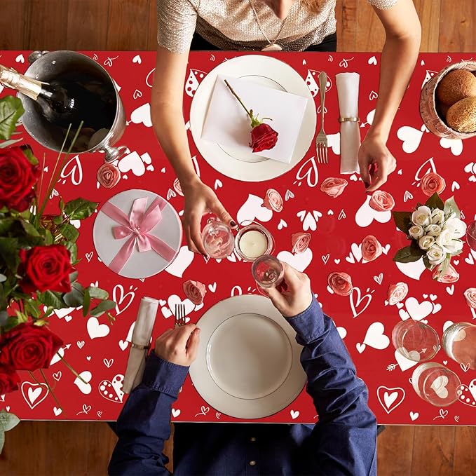 3 Pieces Valentine's Day Red Heart Tablecloth - 54 x 108 Inches Disposable Plastic Table Cover with Hearts and Arrows for Weddings, Bridal Showers, Engagement Party Supplies, and Romantic Decorations