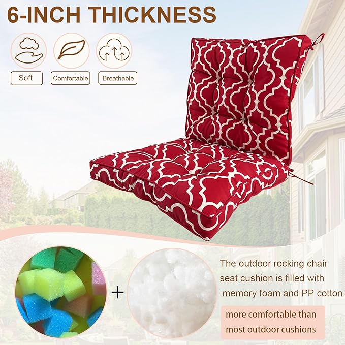 2 Piece Outdoor Patio Chair Cushions, Fade Resistant Outdoor Cushions for Patio Furniture, 6 inch Thickened Rocking Chair Cushions Set (Red Geometric Patterns, 24x24x6 inch - 2 Pieces)